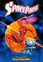 Rule 34 | 1girl, absurdres, ahoge, alien, bodysuit, breasts, covered erect nipples, female focus, gun, handgun, high heels, highres, large breasts, lips, open mouth, pinchy, pinchy pink, pistol, shoes, skin tight, solo, space pinchy, tight clothes, tony takezaki, tony takezawa, weapon