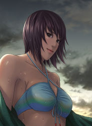 Rule 34 | 1girl, bikini, black hair, breasts, female focus, looking at viewer, naruto (classic), naruto (series), outdoors, shizune (naruto), short hair, sky, solo, swimsuit, tk (tk&#039;s level4), upper body, water, wet