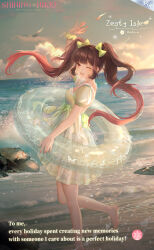 Rule 34 | 1girl, arm up, artist request, back bow, backless dress, backless outfit, bare arms, bare legs, barefoot, bikini, bikini under clothes, bird, blunt bangs, bow, brown eyes, brown hair, character name, cloud, copyright name, dodora, dress, english text, eyelashes, facial tattoo, floating hair, floral print, foot out of frame, green bikini, green bow, green dress, green innertube, green scrunchie, green sky, hair bow, happy, heart, heart tattoo, highres, holding, holding swim ring, innertube, leg up, light particles, logo, looking at viewer, multicolored hair, nikki (series), ocean, official art, one eye closed, open mouth, outdoors, pink hair, puffy short sleeves, puffy sleeves, scrunchie, seagull, second-party source, see-through clothes, see-through dress, shining nikki, shore, short dress, short sleeves, sky, smile, solo, sparkle, sunset, swim ring, swimsuit, tattoo, twintails, two-tone hair, waist bow, water drop, wavy hair, wind, wrist scrunchie, zesty isle (shining nikki)