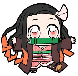bamboo bkub black_hair chibi eyelashes forehead gag geta hair_ribbon haori japanese_clothes kamado_nezuko kimetsu_no_yaiba kimono leg_warmers long_hair multicolored_hair patterned_clothing pink_eyes pink_kimono ribbon sash solo streaked_hair string very_long_hair