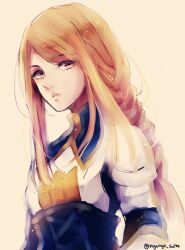 Rule 34 | 1girl, agrias oaks, armor, bad id, bad twitter id, braid, breastplate, brown background, closed mouth, final fantasy, final fantasy tactics, highres, inactive account, long hair, nyonyo suite, shoulder pads, solo, twitter username, upper body, yellow eyes