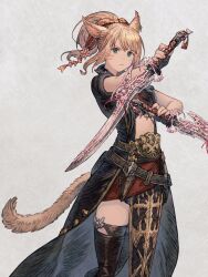 1girl absurdres animal_ears bandeau belt black_bandeau black_boots black_coat black_gloves black_thighhighs blonde_hair boots bow cat_ears cat_girl cat_tail coat dagger dual_wielding earrings facial_hair facial_mark feet_out_of_frame final_fantasy final_fantasy_xiv fingerless_gloves flower gloves green_eyes grey_background hair_bow hair_flower hair_ornament hatching_(texture) highres holding holding_dagger holding_knife holding_weapon jewelry knife long_hair looking_at_viewer maeka_(kumaekake) medium_hair miqo&#039;te multiple_belts ninja_(final_fantasy) open_clothes open_coat outstretched_arm pelvic_curtain ponytail red_skirt serious short_sleeves simple_background single_earring skirt slit_pupils solo standing tail thigh_boots thighhighs warrior_of_light_(ff14) weapon whisker_markings