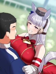 1boy 1girl absurdres altronage animal_ears blush bow dress ear_bow ear_covers girl_on_top gloves gold_ship_(umamusume) highres horse_ears horse_girl horse_tail pink_eyes purple_bow red_dress smile sweat tail trainer_(umamusume) umamusume white_gloves