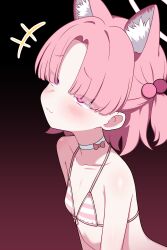 +++ 1girl absurdres animal_ears bikini blue_archive blush cat_ears cat_girl chlorella_observation_club_member_(blue_archive) chlorella_observation_club_member_(swimsuit)_(blue_archive) choker closed_mouth collarbone commentary_request extra_ears flat_chest gradient_background hair_over_eyes halo highres korean_commentary mixed-language_commentary official_alternate_costume paid_reward_available pink_background pink_bikini pink_eyes pink_hair pink_halo short_hair solo striped_bikini striped_clothes swimsuit two_side_up variant_set white_choker zing_(z_z_zing)