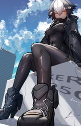 Rule 34 | 1girl, absurdres, artist name, black bodysuit, black hair, black jacket, blue sky, blush, bodysuit, boots, breasts, building, cloud, cloudy sky, covered navel, day, from below, gixer 250 (natsukaze shigure), hair between eyes, hair ornament, high heels, highres, hood, impossible bodysuit, impossible clothes, jacket, looking at viewer, medium breasts, multicolored hair, natsukaze shigure, open clothes, open jacket, original, outdoors, personification, short hair, signature, sitting, skin tight, sky, skyscraper, solo, two-tone hair, variant set, white hair, yellow eyes
