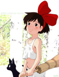 1980s_(style) 1girl animal black_cat black_eyes black_hair bloomers blush blush_stickers bow breasts broom carlo cat hair_bow hair_ribbon jiji_(majo_no_takkyuubin) kiki_(majo_no_takkyuubin) large_bow looking_away majo_no_takkyuubin midriff navel oldschool panties red_ribbon retro_artstyle ribbon short_hair small_breasts studio_ghibli tank_top tree underwear underwear_only white_bloomers white_panties