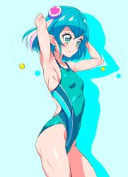 1girl armpits arms_up blue_eyes blue_hair blush breasts commentary_request competition_swimsuit covered_navel hagoromo_lala highres looking_to_the_side miyabikawa_sakura multicolored_hair one-piece_swimsuit pink_hair precure small_breasts smile solo star_(symbol) star_in_eye star_twinkle_precure swimsuit symbol_in_eye white_hair