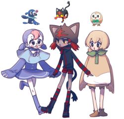 3girls bird black_eyes commentary creature creature_and_personification creatures_(company) game_freak gen_7_pokemon glasses light_brown_hair litten love-with---pizza multiple_girls nintendo open_mouth personification pokemon pokemon_(creature) popplio red_hair rowlet short_twintails simple_background standing starter_pokemon_trio symbol-only_commentary twintails walking white_background