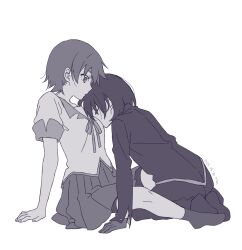 1boy 1girl black_skirt closed_eyes gakuran gloves greyscale head_on_chest hetero highres jacket kanbaru_suruga looking_at_another manimani_(mani_ma) monochrome monogatari_(series) naoetsu_high_school_uniform no_shoes oshino_ougi pants pleated_skirt ribbon school_uniform shirt short_hair short_shorts short_sleeves shorts shorts_under_skirt simple_background sitting skirt socks white_background