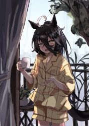Rule 34 | 1girl, ahoge, animal ears, balcony, black hair, blonde hair, blush, book-16key, branch, coffee mug, crossed bangs, cup, curtains, hair between eyes, highres, holding, holding cup, horse ears, horse girl, horse tail, long bangs, long hair, long hair between eyes, long sleeves, manhattan cafe (umamusume), mug, multicolored hair, one eye closed, open mouth, pajamas, plaid clothes, plaid shirt, plaid shorts, shirt, shorts, solo, tail, tears, tree, umamusume, very long hair, white hair, yawning, yellow eyes, yellow pajamas, yellow shirt