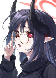 1girl absurdres alternate_costume bespectacled black_hair black_horns black_sweater blue_archive chiaki_(blue_archive) commentary_request demon_girl demon_horns glasses halo highres horns kokage_yugure looking_at_viewer pointy_ears red_halo round_eyewear simple_background slit_pupils solo sweater turtleneck turtleneck_sweater white_background yellow-framed_eyewear
