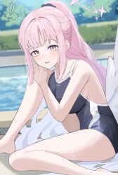 Rule 34 | 1girl, angel wings, awa (awao141), black one-piece swimsuit, blue archive, blush, breasts, commentary, feathered wings, halo, highres, knee up, long hair, looking at viewer, low wings, mika (blue archive), one-piece swimsuit, open mouth, pink hair, pink halo, ponytail, pool, poolside, school swimsuit, sitting, smile, solo, swimsuit, white wings, wings, yellow eyes