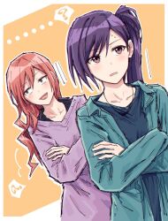 2girls :d ? black_shirt blue_eyes brown_eyes bullfalk collarbone collared_shirt commentary_request crossed_arms green_jacket highres jacket liu_mei_fan long_hair long_sleeves multiple_girls nervous_smile open_clothes open_jacket open_mouth orange_hair parted_lips purple_hair purple_sweater shirt shoujo_kageki_revue_starlight shoujo_kageki_revue_starlight_-re_live- side_ponytail smile sweat sweater swept_bangs tsuruhime_yachiyo upper_body