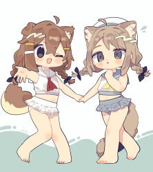 2girls ;d ahoge animal_ear_fluff animal_ears barefoot bikini black_bow blue_eyes blush bow braid brown_hair commentary_request detached_ahoge dog_ears dog_girl fang full_body grey_bikini grey_eyes grey_sailor_collar hair_between_eyes hair_ornament hairclip hand_up hat highres holding_hands kipfel_(vrchat) long_hair looking_at_viewer mamehinata multiple_girls neckerchief notamaru_2 one_eye_closed open_mouth outstretched_arm red_neckerchief sailor_collar skin_fang smile standing swimsuit twin_braids vrchat white_bikini white_hat white_sailor_collar yellow_neckerchief
