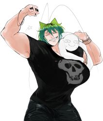 1boy 1girl 2023 absurdres antennae arm_tattoo arms_up biceps black_nails black_pants black_shirt breasts carrying carrying_person clenched_hand clenched_hands closed_eyes collarbone commentary flexing grin height_difference highres huge_breasts muscular muscular_female nervous_sweating original pants rochi_(rrrroch1) rrrroch1 sharp_teeth shirt simple_background skull_print smile sweat sweatdrop symbol-only_commentary tall_female tattoo teeth upper_body white_background