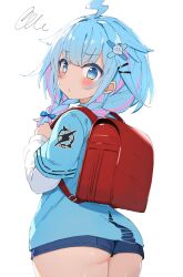 1girl ahoge ass backpack bag blue_eyes blue_hair blue_shirt blue_shorts bow braid closed_mouth hair_bow hair_ornament hairclip highres hololive hololive_dev_is looking_at_viewer mizumiya_su multicolored_hair purple_hair raglan_sleeves randoseru red_bag sakanaya_(sakanaya952) shirt short_shorts shorts simple_background solo squiggle standing streaked_hair torn_clothes torn_shirt twin_braids two-tone_hair virtual_youtuber white_background x_hair_ornament