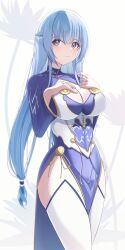 1girl absurdres ao_dai blue_eyes blue_hair blue_lotus_(flower_knight_girl) blush breasts cleavage flower_knight_girl highres large_breasts long_hair no_panties no_pants sikimosh smile thighhighs very_long_hair white_thighhighs