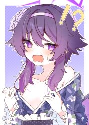 !? 1girl 2657314861 @_@ absurdres blue_archive border breasts chinese_commentary collarbone commentary_request floral_print floral_print_kimono flying_sweatdrops frilled_kimono frills furrowed_brow gradient_background hair_between_eyes hair_intakes hairband haruka_(blue_archive) haruka_(new_year)_(blue_archive) highres japanese_clothes kimono kimono_pull off_shoulder official_alternate_costume open_mouth outline outside_border patterned_background pink_hairband print_kimono pulling_own_clothes purple_background purple_eyes purple_hair purple_kimono short_hair_with_long_locks sidelocks small_breasts solo sweatdrop upper_body white_border white_outline