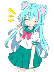 1girl ^_^ animal_ears aqua_hair bear_ears bear_girl bear_tail blush bow bowtie closed_eyes closed_mouth commentary_request cowboy_shot dot_nose green_sailor_collar green_skirt hand_up highres kotatsu-mazoku long_hair multicolored_hair notice_lines original pink_bow pink_bowtie pink_hair pleated_skirt sailor_collar school_uniform serafuku shirt short_sleeves simple_background skirt smile solo streaked_hair tail two-tone_hair white_background white_shirt