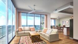 apartment balcony bistro_table ceiling_fan cloud cloudy_sky couch curtains day dining_room hanging_plant highres indoors no_humans non-web_source official_art our_life:_beginnings_and_always pillow plant potted_plant railing refrigerator rug sky table wooden_chair wooden_table