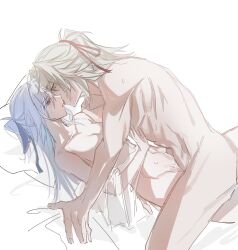 1boy 1girl abs bed bed_sheet blue_ribbon breasts collarbone completely_nude couple french_kiss from_side hair_between_eyes hair_ribbon hand_on_own_chest hand_up hetero highres honkai:_star_rail honkai_(series) jing_yuan jingliu_(honkai:_star_rail) kiss long_hair looking_at_another lying medium_breasts missionary muscular muscular_male navel nude on_back ponytail red_eyes red_ribbon ribbon sex shuijue15739 tongue vaginal very_long_hair yellow_eyes