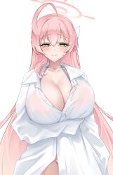 1girl absurdres ahoge arm_under_breasts bikini bikini_under_clothes blue_archive blush bow braid breasts cleavage closed_mouth collarbone collared_shirt crimecrime green_eyes hair_bow halo hanako_(blue_archive) hanako_(swimsuit)_(blue_archive) highres huge_breasts long_hair long_sleeves looking_at_viewer multicolored_hair pink_hair pink_halo shirt sleeves_past_fingers sleeves_past_wrists smile solo sweatdrop swimsuit thighs white_background white_bow white_shirt
