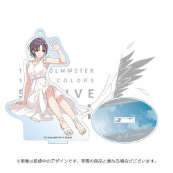 1girl asakura_toru blue_eyes dress earrings frilled_dress frills idolmaster idolmaster_shiny_colors jewelry lowres official_art sandals shoes short_hair sitting white_dress white_shoes