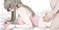Rule 34 | 1boy, 1girl, ass, bed sheet, blush, bottomless, breasts, breath, brown hair, camisole, cellphone, clothed female nude male, commentary, crop top, fat, fat man, grabbing another&#039;s ass, groping, heart, hetero, hidden eyes, holding, holding phone, large breasts, long hair, lying, mochirong, nose blush, nude, on stomach, open mouth, original, out of frame, phone, pink camisole, pink shirt, prone bone, sex, sex from behind, sheet grab, shirt, sideboob, solo focus, straight hair, sweat, symbol-only commentary, twitching, vaginal
