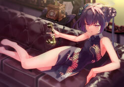 1girl antique_phone barefoot black_dress black_hair blue_archive butterfly_hair_ornament china_dress chinese_clothes couch double_bun dragon_print dress full_body grey_eyes hair_bun hair_ornament highres holding holding_phone indoors kisaki_(blue_archive) looking_at_viewer lying on_couch on_side phone rotary_phone solo thighs tongari_kin twintails
