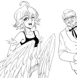 1boy 1girl :d ahoge bad_id bb_(baalbuddy) blush colonel_sanders commentary english_commentary feathered_wings glasses greyscale harpy highres inactive_account kfc looking_at_viewer monochrome monster_girl monster_musume_no_iru_nichijou neck_ribbon old old_man one_eye_closed open_mouth papi_(monster_musume) ribbon simple_background smile white_background winged_arms wings