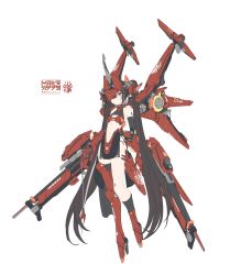 1girl absurdres armor asymmetrical_footwear asymmetrical_legwear bare_shoulders black_hair breasts brown_hair cyborg dress elbow_gloves floating full_body gloves headgear helmet highres horns long_hair looking_at_viewer mecha_musume mechanical_arms mechanical_legs mechanical_wings navel original pelvic_curtain red_eyes simple_background single_sock single_thighhigh small_breasts socks solo takanashi_makino thighhighs transparent_background twintails uneven_legwear very_long_hair weapon white_background wings