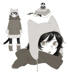 2girls animal_ears black_hair cat_ears cat_tail coat dungeon_meshi fangs frs2 fur-trimmed_footwear fur_trim greyscale highres horns inutade izutsumi kotatsu monochrome multiple_girls oni oni_horns scarf slit_pupils table tail under_kotatsu under_table
