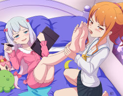 2girls barefoot blue_eyes blush conejologia eromanga_sensei feet femdom licking_foot foot_worship izumi_sagiri jinno_megumi legs_up licking long_hair lying multiple_girls orange_eyes orange_hair pajamas pillow silver_hair skirt smile soles toes yuri