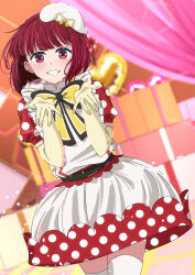 1girl absurdres anju_(artist) arima_kana blush bob_cut bow bowtie clenched_teeth commentary dress hands_up hat highres inverted_bob looking_at_viewer medium_hair mini_hat open_mouth oshi_no_ko polka_dot polka_dot_dress puffy_short_sleeves puffy_sleeves red_eyes red_hair short_sleeves solo teeth thighhighs white_dress white_hat white_thighhighs yellow_bow yellow_bowtie zettai_ryouiki
