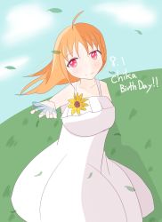 1girl aqua_feathers artist_name artist_request bare_shoulders blue_feathers blue_sky blurry blush braid breasts cloud collarbone day depth_of_field dress falling_leaves feathers female_focus floating_hair frilled_dress frills grass_field highres holding holding_feather leaf looking_at_viewer love_live! love_live!_sunshine!! medium_breasts miniskirt orange_hair outdoors parted_lips plaid_clothes plaid_skirt pleated pleated_skirt red_eyes short_hair side_braid skirt sky smile solo sundress takami_chika white_dress white_skirt