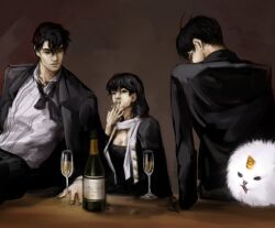 Rule 34 | 1girl, 1other, 2boys, against table, alcohol, biyoo (omniscient reader&#039;s viewpoint), black coat, black hair, black necktie, black tube top, bottle, breasts, cigarette, cleavage, coat, collared shirt, cup, demon horns, dokkaebi, drinking glass, han sooyoung, holding, holding cigarette, horns, kim dokja, leaning on self, leaning on table, macaronijail, medium hair, multiple boys, necktie, omniscient reader&#039;s viewpoint, on table, open clothes, open coat, popped collar, scarf, shirt, short hair, smoking, strapless, striped clothes, striped shirt, table, tube top, vertical-striped clothes, vertical-striped shirt, white scarf, white shirt, wine bottle, wine glass, yoo joonghyuk