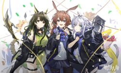 3girls :d absurdres ahoge amiya_(arknights) animal_ears arknights arm_hug ascot belt belt_buckle black_belt black_eyes black_hair black_jacket black_pantyhose blue_eyes brown_hair buckle chinese_commentary closed_mouth commentary_request confetti copyright_name cowboy_shot expressionless green_eyes green_hair green_shirt grey_hair group_picture hair_between_eyes highres holding huge_ahoge jacket jewelry long_hair long_sleeves looking_at_viewer making-of_available material_growth mon3tr_(arknights) multiple_girls multiple_rings open_mouth oripathy_lesion_(arknights) pantyhose parted_lips procreate_(medium) purple_ascot reach_far_away_(viuooczy) ring rosmontis_(arknights) shirt smile standing thigh_belt thigh_strap v white_shirt