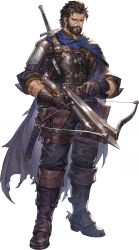 1boy absurdres armor beard belt blue_cape boots bow_(weapon) brown_belt brown_boots brown_eyes brown_hair cape crossbow facial_hair full_beard gloves hand_on_belt highres leather leather_armor leather_gloves miguel_(sword_of_convallaria) non-web_source official_art scar scar_on_arm scar_on_face short_hair solo spurs sword sword_of_convallaria sword_on_back weapon weapon_on_back