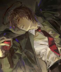 1boy apple black_wings brown_hair collared_shirt commentary death_note english_commentary food fruit halo highres holding holding_food holding_fruit jacket long_sleeves lying male_focus necktie on_back rain_(neporain) red_eyes red_halo red_necktie shirt short_hair solo suit_jacket teeth white_shirt wings yagami_light
