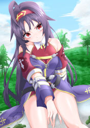 1girl absurdres ahoge bare_shoulders between_legs blue_sky breasts cleavage closed_mouth cloud cloudy_sky collar collarbone collared_dress commentary_request cowboy_shot day dress eyelashes grass hand_between_legs headband highres long_hair looking_at_viewer maximum7010 official_alternate_costume on_ground outdoors purple_dress purple_hair red_dress red_eyes red_headband sidelocks signature sitting sky small_breasts smile solo sword_art_online sword_art_online:_hollow_realization thighs three-quarter_sleeves tree two-tone_dress very_long_hair white_collar yuuki_(sao) yuuki_(sao:hr)