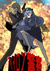 Rule 34 | 1boy, 1girl, 37 (reverse:1999), 6 (reverse:1999), :d, alternate costume, black jacket, black pants, black shoes, black suit, blonde hair, blue eyes, blue hair, blue hat, blue necktie, blue shirt, blue skirt, business suit, collared shirt, dress pants, explosion, explosion background, expressionless, female service cap, flag, formal clothes, full body, gun, hair between eyes, hand on own hip, hand up, handgun, hat, high heels, highres, holding, holding flag, holding gun, holding weapon, holding whistle, jacket, legs apart, long hair, necktie, open mouth, pants, pencil skirt, police, police uniform, policewoman, reverse:1999, shirt, shoes, skirt, smile, standing, stepped on, suit, suit jacket, very long hair, weapon, whistle, white shirt, ziyunshanding