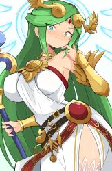Rule 34 | 1girl, aqua eyes, bare shoulders, belt, blue halo, breasts, brown belt, circlet, commentary, cowboy shot, dress, gold bracer, green hair, halo, highres, holding, holding staff, jellcaps, jewelry, kid icarus, kid icarus uprising, large breasts, long hair, looking at viewer, necklace, nintendo, palutena, parted bangs, red trim, side slit, sidelocks, smile, solo, staff, strapless, strapless dress, white background, white dress