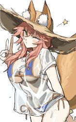 1girl absurdres animal_ear_fluff animal_ears bikini blue_bikini blush bracelet breasts cleavage fate/grand_order fate_(series) fox_ears fox_girl fox_tail hat highres jewelry large_breasts long_hair looking_at_viewer one_eye_closed pink_hair puckered_lips see-through_cleavage see-through_clothes shiho_(shihoteifujo) shirt short_sleeves sidelocks solo straw_hat swimsuit tail tamamo_(fate) tamamo_no_mae_(swimsuit_lancer)_(fate) tamamo_no_mae_(swimsuit_lancer)_(first_ascension)_(fate) thighs white_shirt yellow_eyes
