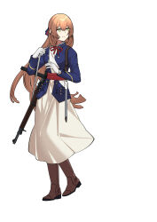 1girl absurdres blue_jacket bolt_action boots breasts brown_boots brown_hair full_body girls&#039;_frontline gloves green_eyes gun hair_between_eyes hair_ribbon hair_rings highres jacket large_breasts long_hair long_skirt long_sleeves m1903_springfield macayase red_sash ribbon rifle sash sidelocks sidelocks_tied_back simple_background skirt solo springfield_(girls&#039;_frontline) standing very_long_hair weapon white_background white_gloves white_skirt