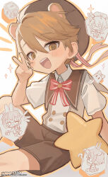 Rule 34 | 1boy, absurdres, animal ears, brown eyes, brown hair, brown hat, brown shorts, commentary request, extra ears, hat, highres, indie virtual youtuber, kumano momiji, looking at viewer, male focus, omurice (roza4957), open mouth, shirt, short hair, short shorts, short sleeves, shorts, sitting, solo, teeth, upper teeth only, v, white shirt