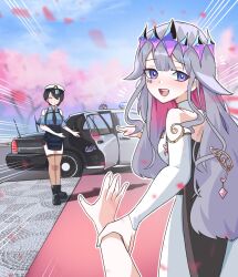 blush car cherry_blossoms colored_inner_hair dress hat highres holding hololive hololive_english koseki_bijou koseki_bijou_(1st_costume) long_hair motor_vehicle multicolored_hair multiple_girls necktie oozora_subaru oozora_subaru_(police) outdoors pebble_(koseki_bijou) police police_car police_hat police_uniform policewoman purple_eyes purple_hair red_carpet scie_art shirt short_hair skirt thighhighs virtual_youtuber white_dress