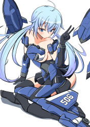 1girl absurdres ahoge bare_shoulders black_gloves blue_eyes blue_hair blush breasts collarbone elbow_gloves frame_arms_girl gloves haruwo0096 highres kotobukiya kotobukiya_bishoujo long_hair looking_at_viewer mecha_musume medium_breasts simple_background sitting skirt solo stylet thighhighs twintails v white_background