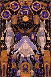 Rule 34 | abstract, abstract background, absurdres, ancient egyptian, ancient egyptian clothes, ankh, black hair, black thighhighs, blue eyes, blue hair, boku (isizakitakasi), boots, brown boots, brown shirt, brown shorts, earrings, eye of horus, full body, gold tiara, highres, holding, holding scepter, jewelry, key earrings, long hair, michigami nareko, nail polish, navel, sarcophagus, scarab, scepter, shirt, short sleeves, shorts, thighhighs, touhou, very long hair