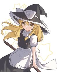 1girl apron back_bow black_hat black_skirt black_vest blonde_hair bow braid broom broom_riding chocoeiru closed_mouth commentary_request hair_bow hat hat_bow highres kirisame_marisa looking_at_viewer puffy_short_sleeves puffy_sleeves short_sleeves side_braid single_braid skirt smile solo star_(symbol) touhou twitter_username vest waist_apron white_apron white_bow witch_hat yellow_eyes