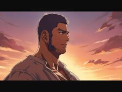 1boy bara chest_hair cloud facial_hair golden_kamuy letterboxed long_sideburns looking_ahead male_focus mature_male nopinzo parted_lips scar scar_on_face shirt short_hair sideburns solo sparse_stubble sunset tanigaki_genjirou twitter_username upper_body white_shirt